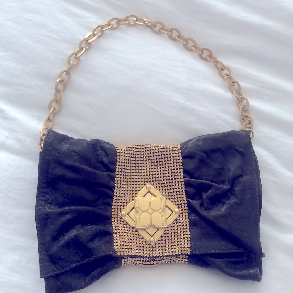 Bcbg MaxAzria Bow Clutch Mochiato Brown Gold NWT $278